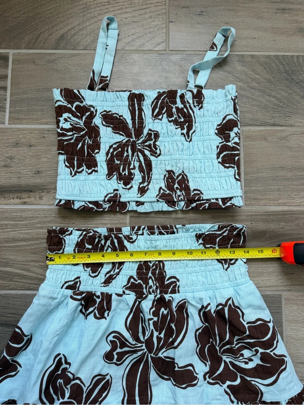 Coastal Boho Paper Heart Blue & Brown Floral Smocked Two-Piece Set size M
